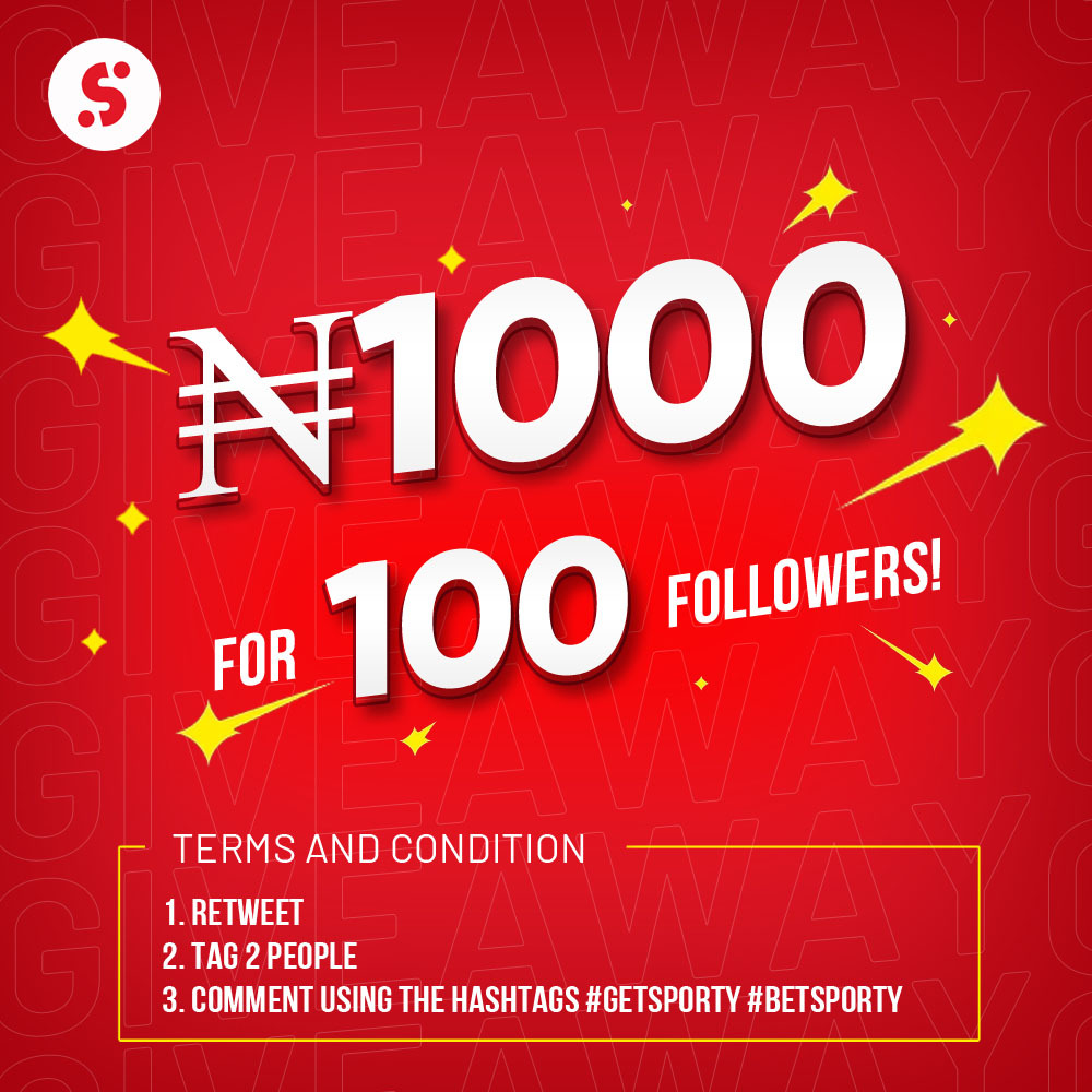 It's Giveaway Time! 😍 We are giving out N1000 free bets to say thank you for following us. 100 followers will be selected randomly. 1. Retweet this post 2. Tag 2 of your friends 3. Comment with the hashtags #GetSporty #BetSporty Winners will be announced later.