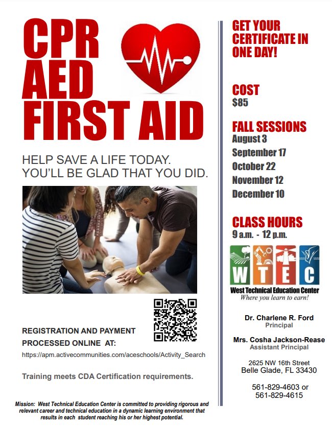 ❤️ Interested in becoming CPR/First Aid/AED certified? This Saturday, September 17th, PBCSD Adult & Community Education will be holding an emergency training course at West Technical Education Center @ 9 am - 12 pm. 📲 Register here: apm.activecommunities.com/aceschools/Act…