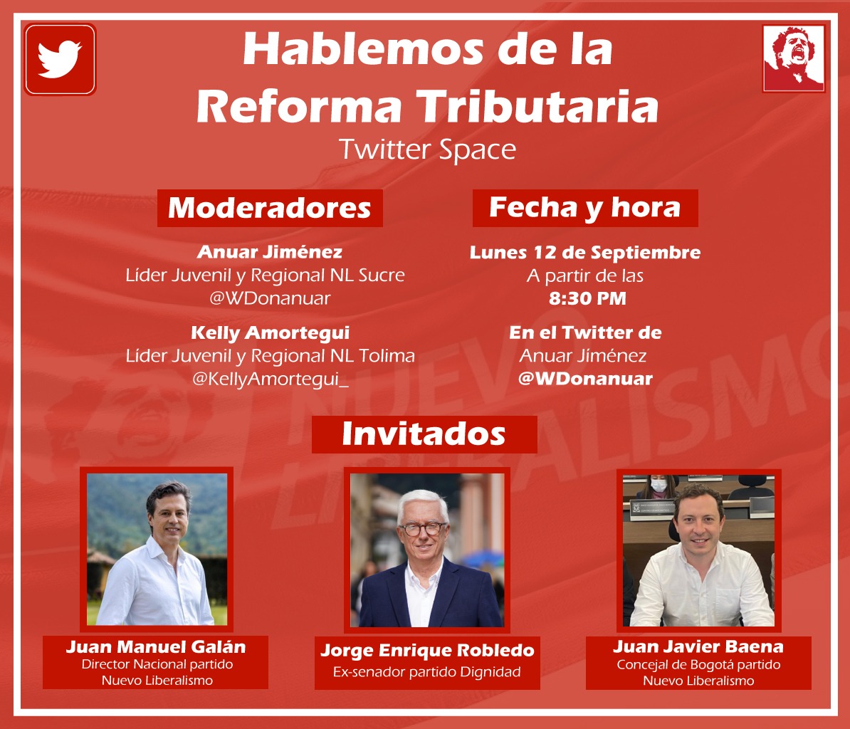 andersongusal's tweet photo. @WDonanuar y @KellyAmortegui_
Moderan esta Noche este #Space, Desde las 8:30/pm para hablar sobre la reforma tributaria desde la Mirada de Tres Liderazgos de Centro
#HablemosDeLaTributaria #SomosNuevoLiberalimsmo
@juanmanuelgalan  @JERobledo @NvLiberalismo @dignidad_col https://t.co/W9yg7xJqLk