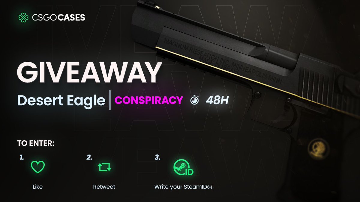 csgocasescom's tweet photo. 💥Desert Eagle | Conspiracy (FN) GIVEAWAY!💥
How to Enter:
💗Like
🔁Retweet
✍️Write your SteamID64 

🎁Winner will be announced after 48h⏰

#CSGO #csgoskins #csgocases #csgoskinsgiveaway #csgocommunity #giveaway #CSGOGiveaway https://t.co/02P1C22E0P
