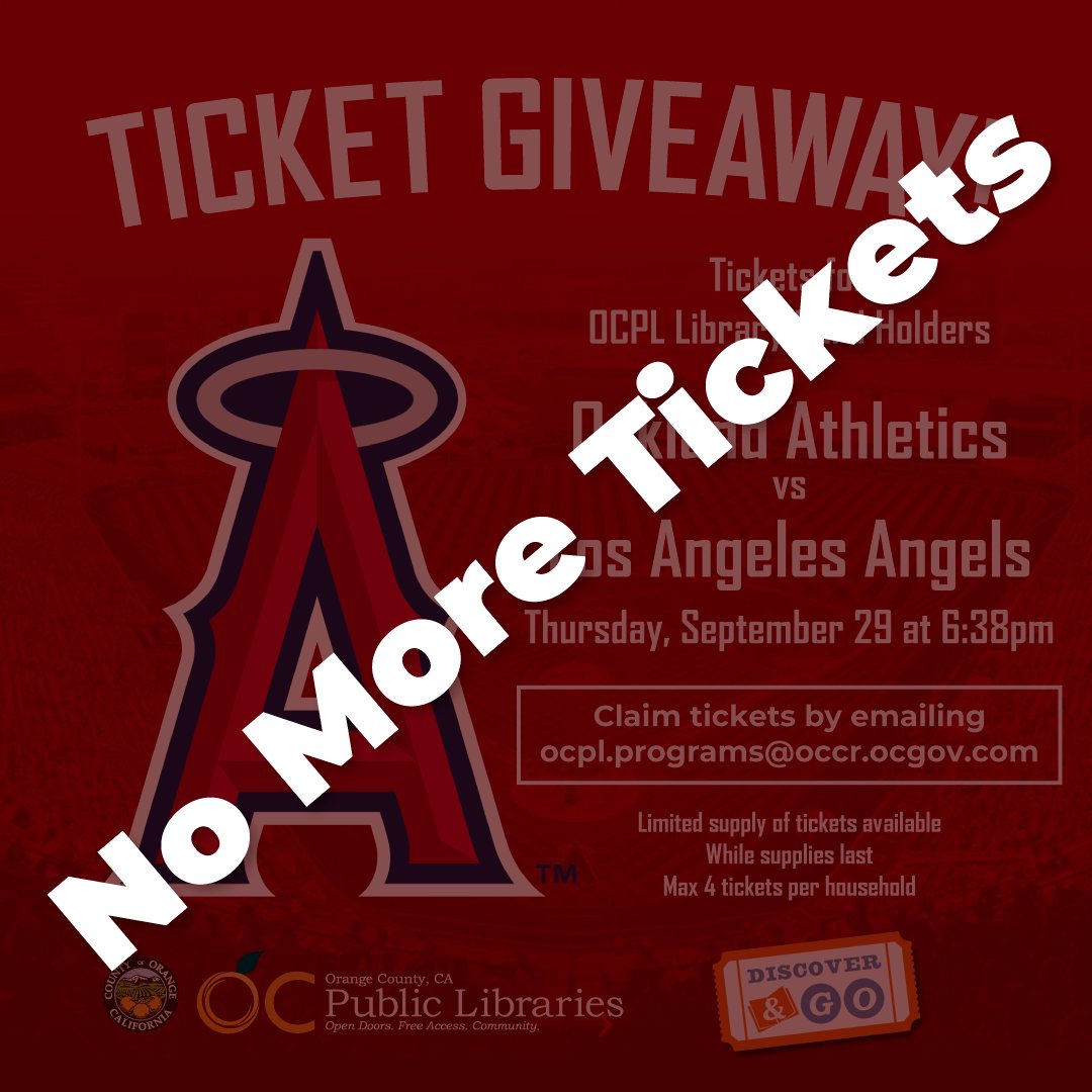 ocpublib's tweet photo. You all hit it out of the park! There are no more tickets available for the #Angels' game. If you sent an email, we will be responding in the order we received emails.
Reminder that there were limited tickets available. #OCPL #DiscoverandGo! #orangecounty https://t.co/34aXa5UmWL