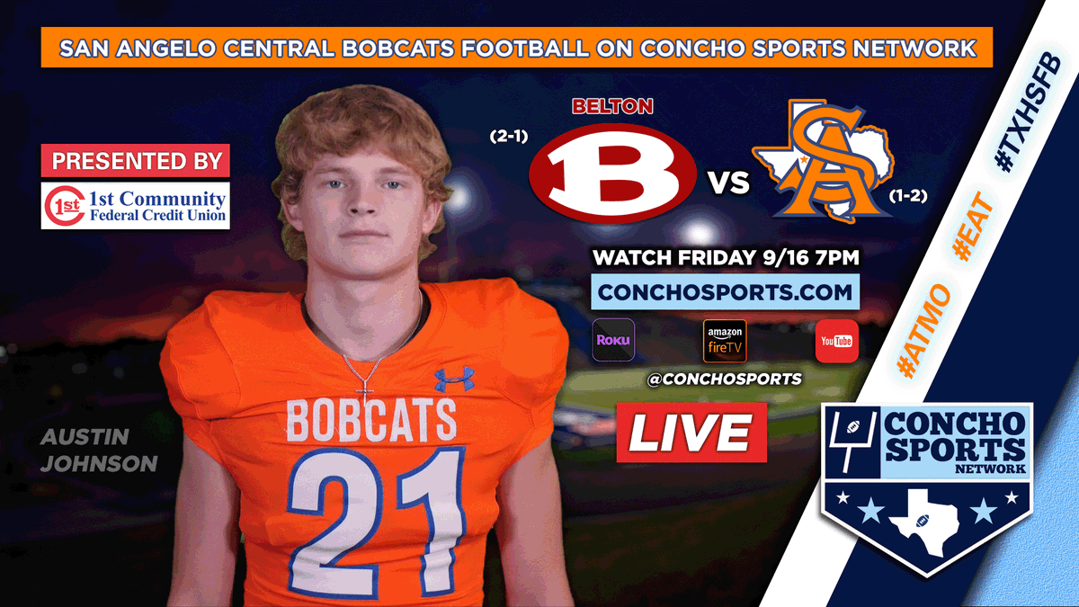 Watch @AngryOrangeFB vs @BeltonTigerFB LIVE Friday 7PM at conchosports.com & the CSN Roku & Fire TV apps.

San Angelo Central football on CSN is presented by @1CFCU.

#TXHSFB #AngryOrange #SicEmCats #BeltonTigers #SanAngelo #SanAngeloTX #Belton #BeltonTX #LiveStream