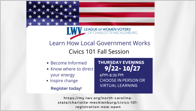 10 Days Left to Sign Up for CIVICS 101! Six Thursdays from 6pm-8:30pm, September 22-October 27. 
my.lwv.org/north-carolina…
#lwvcm #civics101 #cltgov #civicseducation #mecklenburgcountycourts #knowbeforeyougo #vote411 @insidecms @cltgov @mecklenburgcounty @wfae @wsoctv @vote411