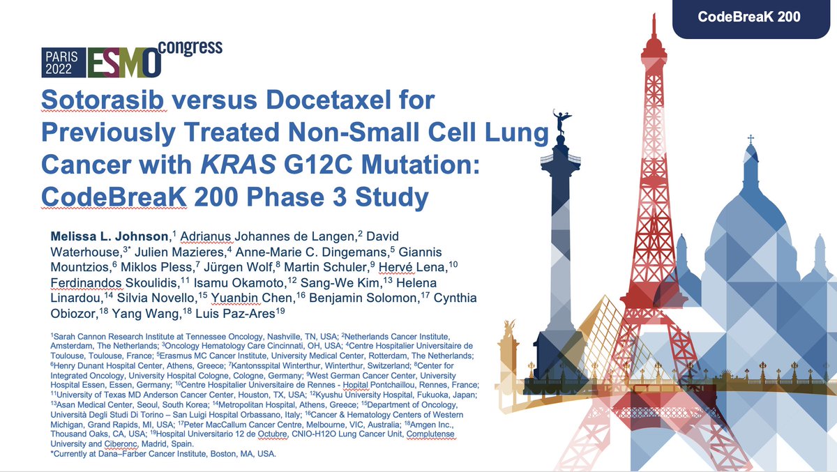 JulienMazieres's tweet image. Probably the most awaited trial #ESMO22. CODEBREAK200 (sotorasib vs doc in 2/3L NSCLC)
✅PFS HR 0.66 (5.6 vs 4.5 m / 24.8 vs 10.1% at 1 yr)
✅ORR 28.1 vs 10.2 %
❎OS HR 1.01
✅fewer gr. ≥3 &amp;amp; serious TRAEs 
Endless discussion regarding the magnitude of benefit awaited @OncoAlert