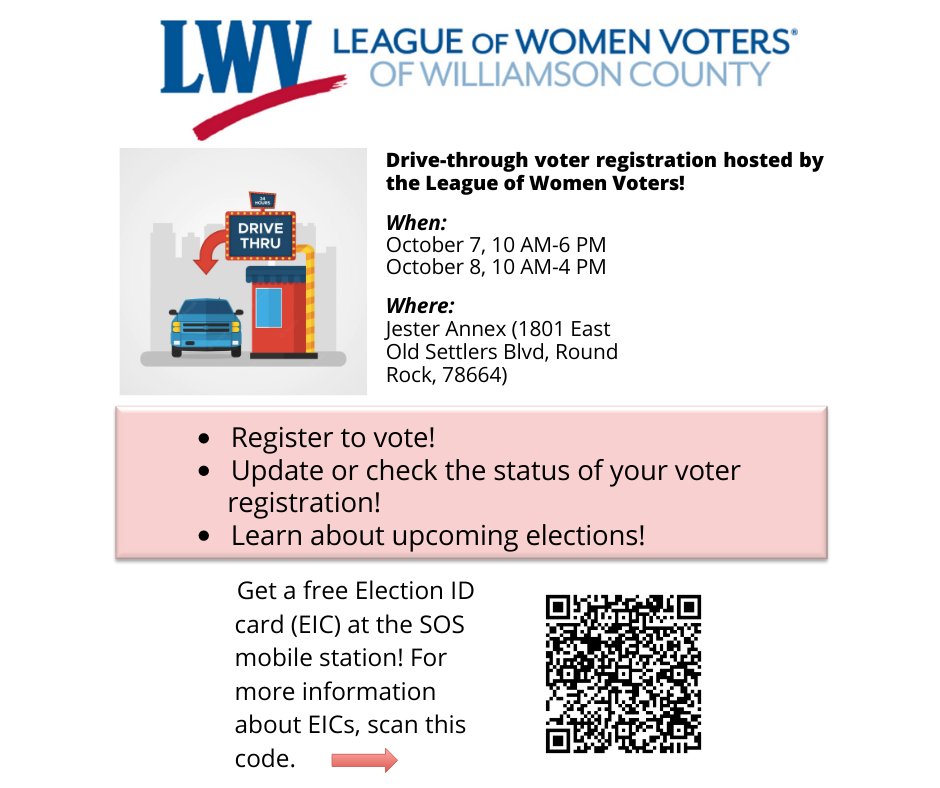 Deadline to register to vote is Oct. 11th. Check your voter status - teamrv-mvp.sos.texas.gov/MVP/mvp.do
League of Women Voters drive thru voter registration:
October 7, 10 AM-6 PM; October 8, 10 AM-4 PM
Jester Annex (1801 East Old Settlers Blvd, Round 
Rock, 78664) 
#PTAVotes #LISDPTA
