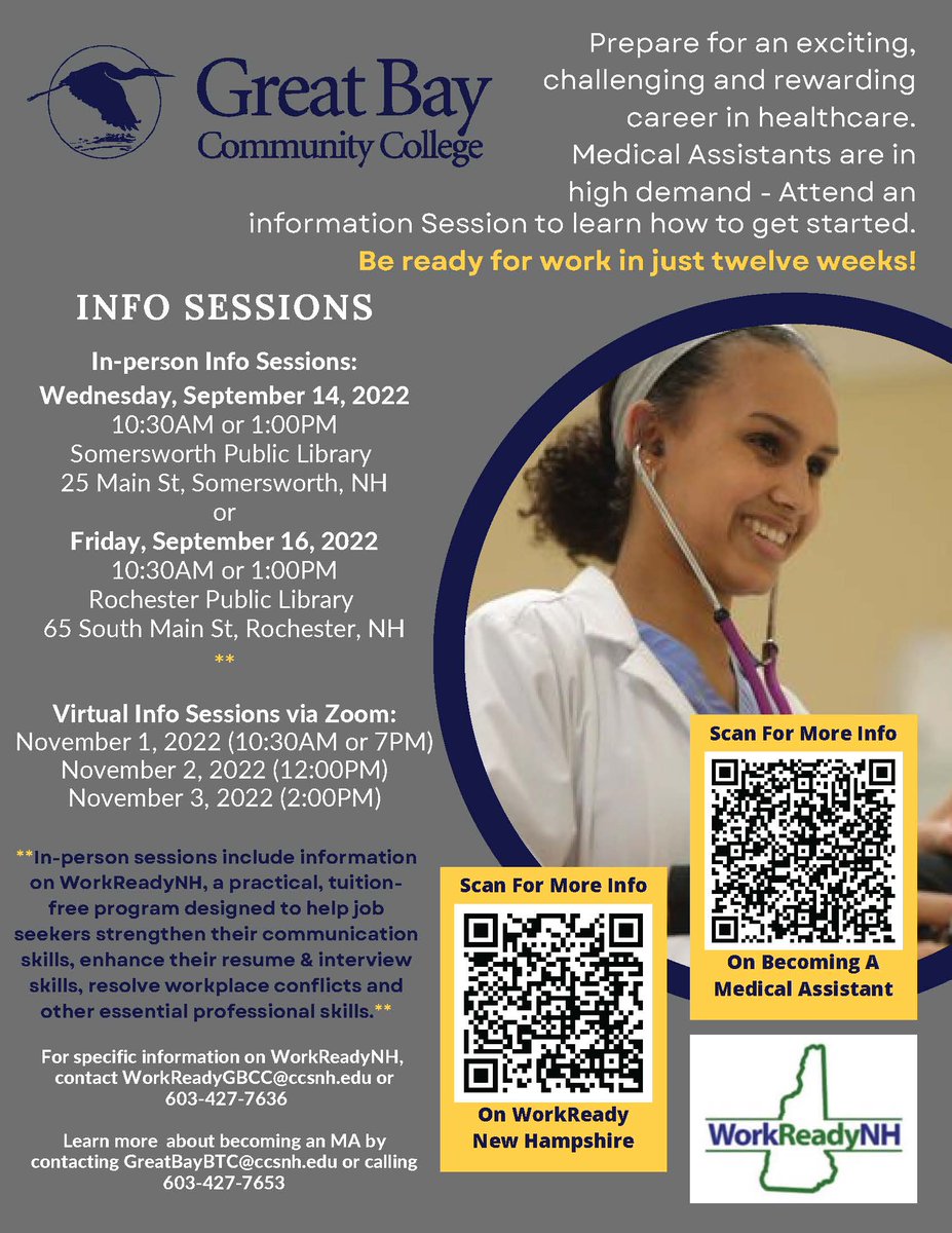 Thinking about a new career in healthcare? Train now for high demand career as a Medical Assistant! Hear more this Wed or Fri - in-person Info Sessions (held at the Rochester and Somersworth Public Libraries). Plus get info on the WorkReadyNH program greatbay.edu/.../medical-as…