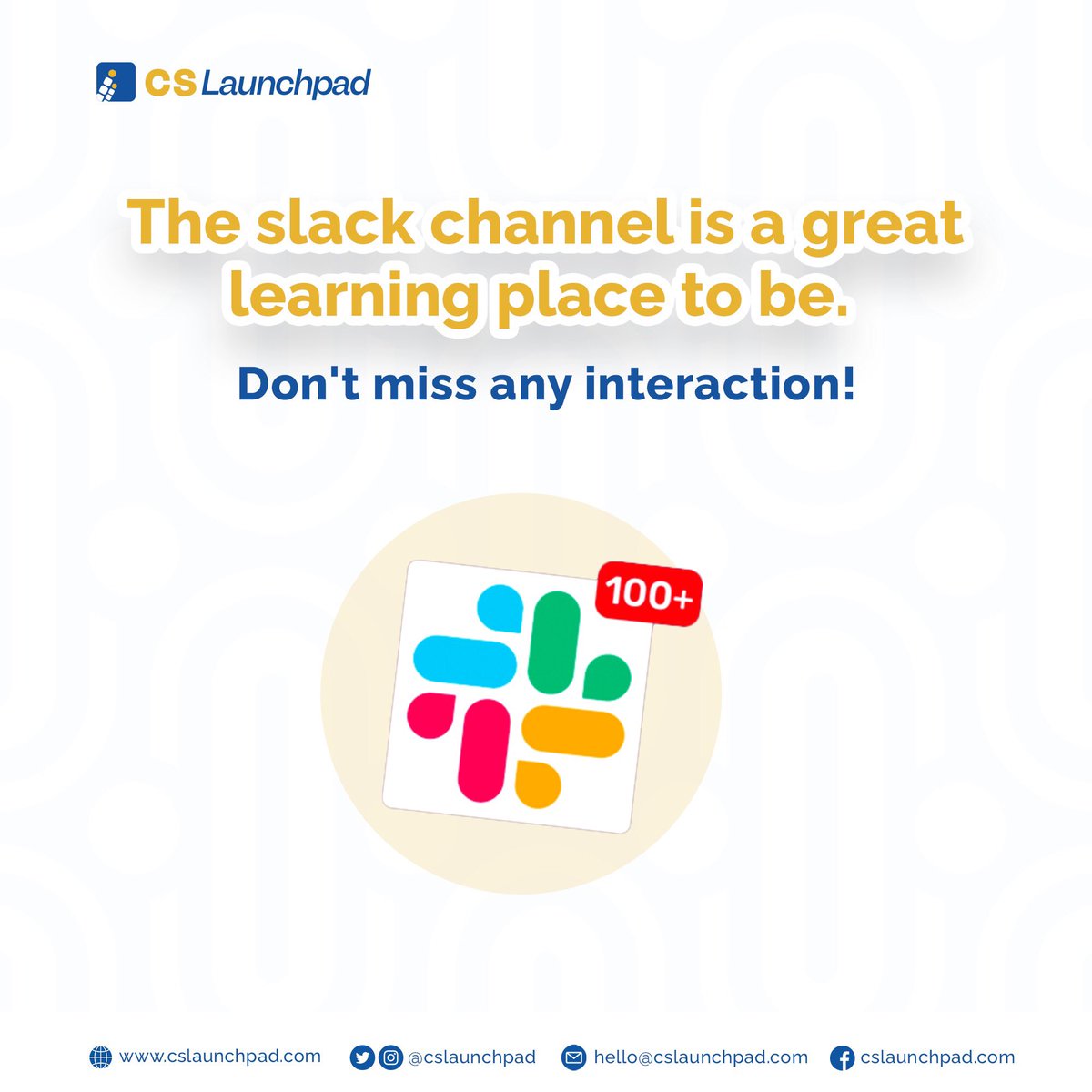 cslaunchpad's tweet photo. This is where all the discussions for smooth learning happen. 

Don't miss out on any interaction. 

Set your timer to stay updated on quality information.

#cslaunchpad #techcareers #training #mentor #teamdiscussion #slack #community https://t.co/xkKeCVlzlc