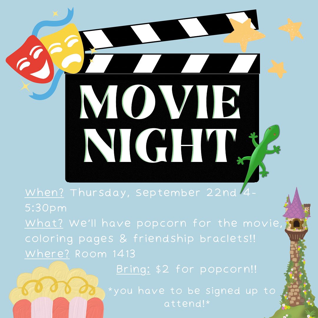 Our first event of the year (MOVIE NIGHT!!) will be NEXT THURSDAY! 🍿🎬

We have lots of fun activities planned and hope to see y'all there!! 🥰