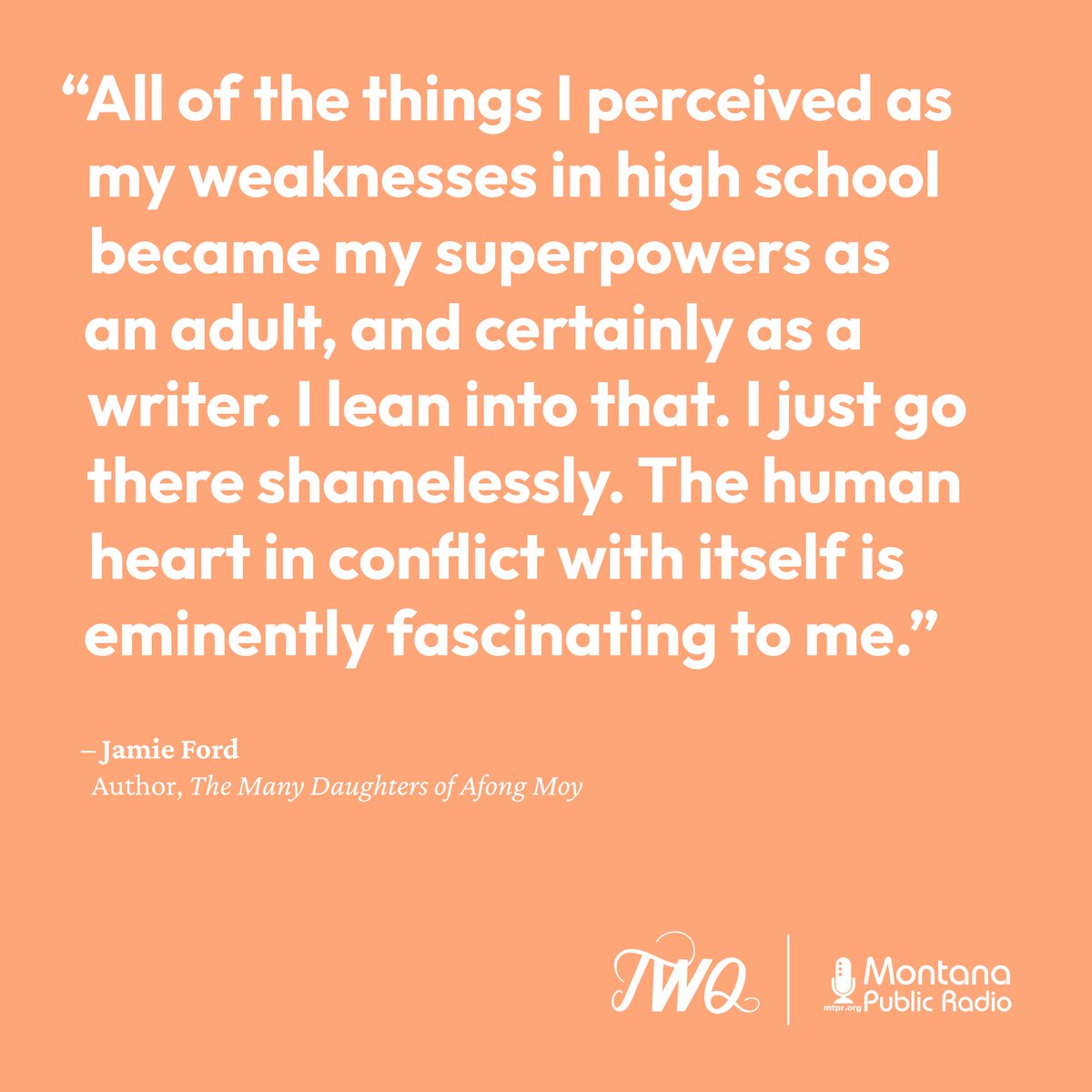 mtpublicradio's tweet photo. This week on @writequestion, bestselling author @jamieford joins Lauren to talk about the human heart in conflict and his latest novel 'The Many Daughters of Afong Moy'.

Tune in Thursday at 7 p.m. on your radio or online. https://t.co/n0eSqwsysq
