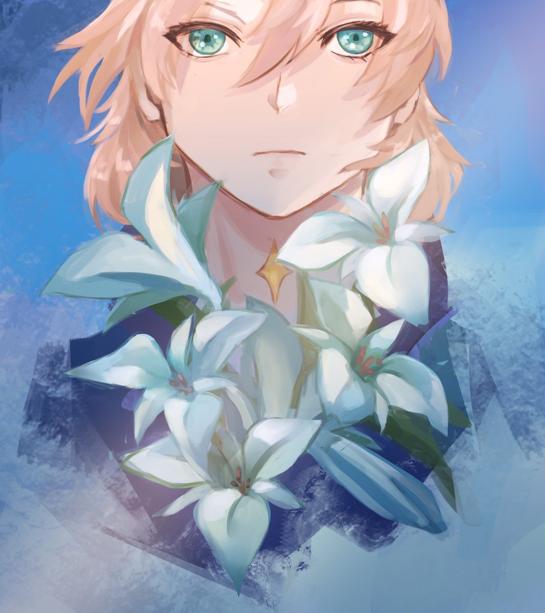 albedo (genshin impact) flower 1boy male focus solo hair between eyes white flower bangs  illustration images