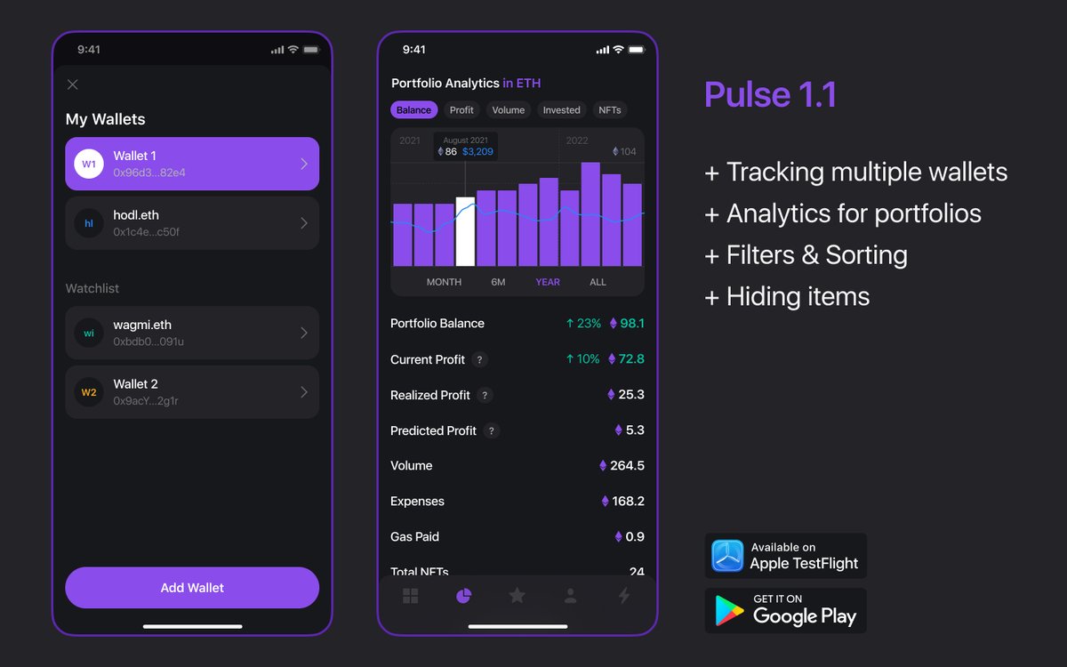 Version 1.1 is ready. We have prepared for you a version that you will love:
– Tracking multiple wallets 💼
– Analytics for portfolios 📈
– Filters &amp; Sorting ⚙️
– Hiding items 👓

Go and try it now!
