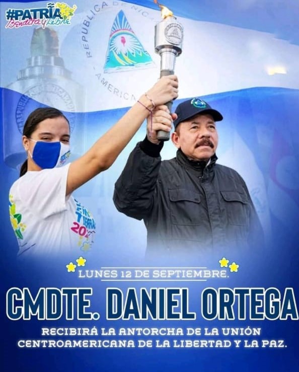 #12Sept #Nicaragua #Bendita, #Patria Bendita, Patria de todos, Nuestra Nicaragua #Digna, #Soberana, #Libre, aquí donde hay Patria, y hay paz.

Acto Central – Presidente Cmdte. Daniel recibe #Antorcha #Centroamericana de la #Unión, la #Libertad y la #Paz. 

#PatriaBenditayLibre