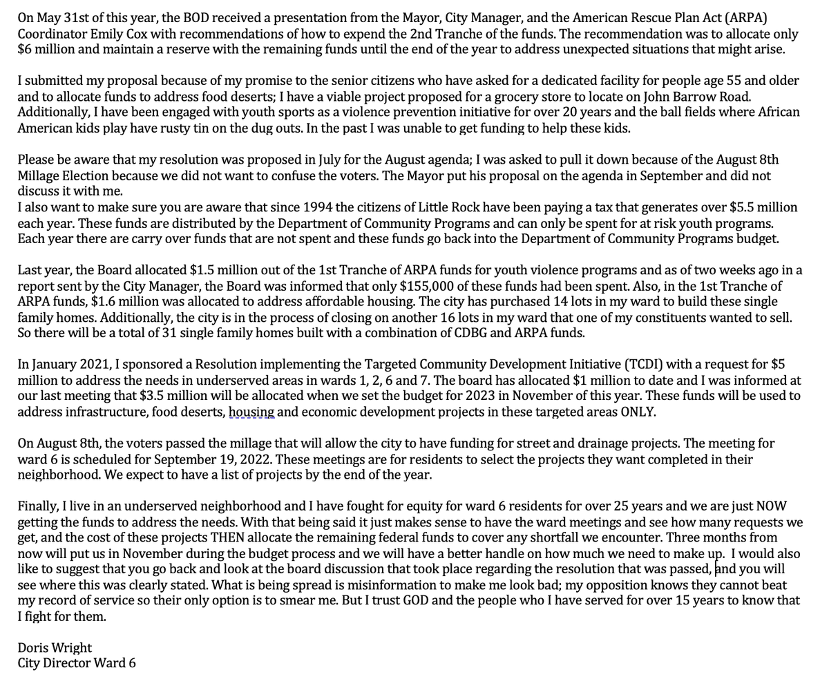 ReelectWright's tweet photo. Here's my statement regarding the recent City Board vote on American Rescue Plan Act funds: https://t.co/GL4bO99fPq