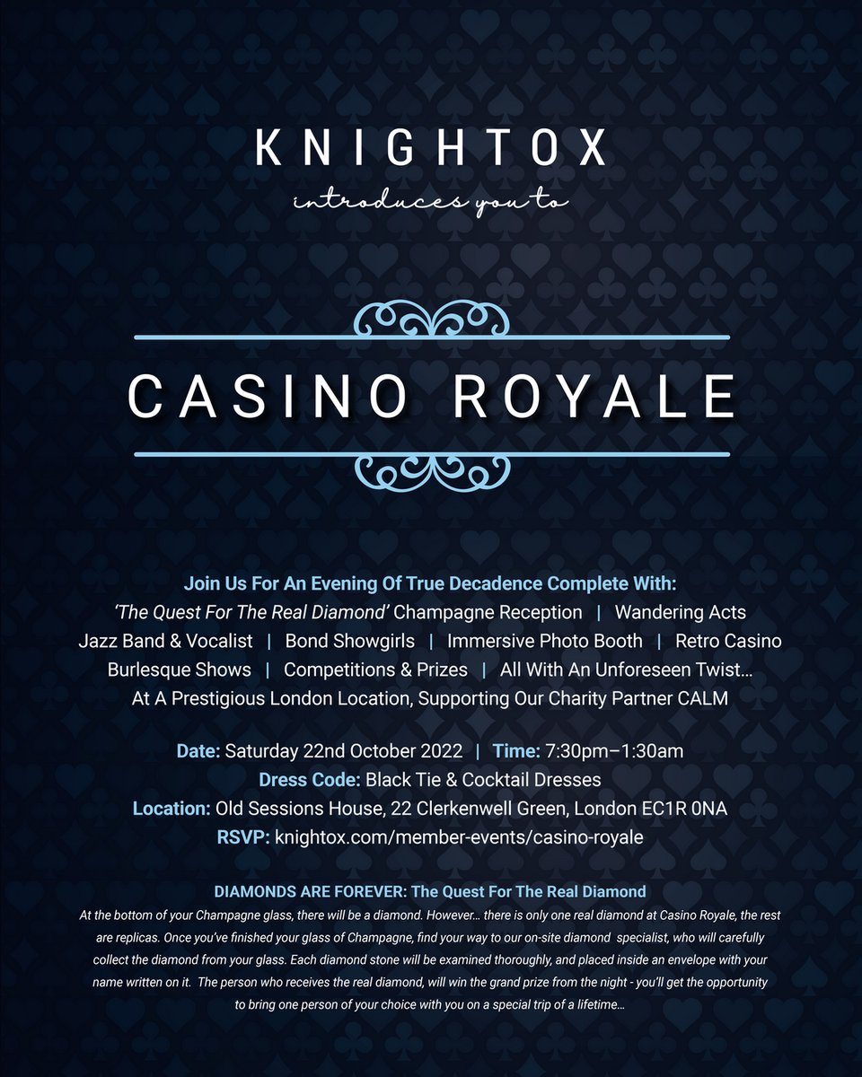 Knightox_london's tweet photo. WELCOME TO CASINO ROYALE ♥️♠️

Get ready to grab the keys to the Aston Martin and step into a world of bond girls, casino games, wondering acts, jazz trio, bond vocalist, burlesque, immersive Photo Booth, headliner DJ, and more. An action-packed affair, 007 approved.

� https://t.co/KTU2cNiAla