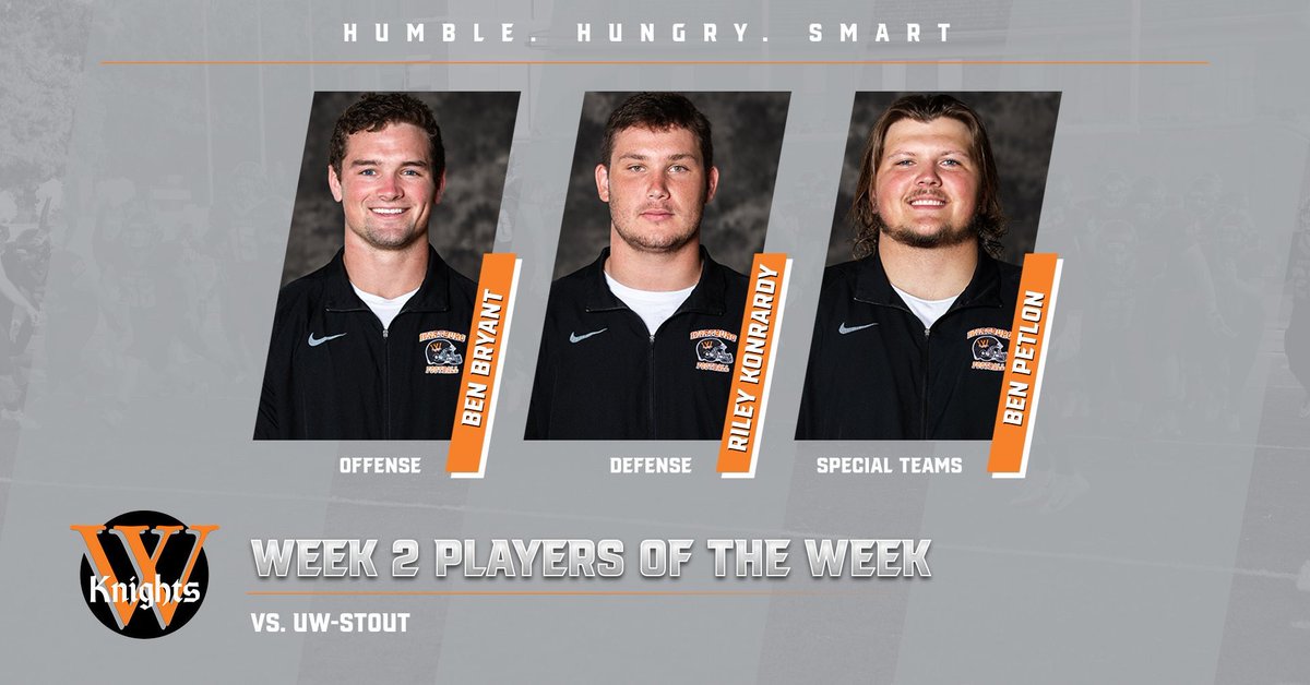 Congratulations to our team players of the week! Offense - Ben Bryant (Rush TD, Pass TD, 94 AP Yards). Defense - Riley Konrardy (5 Tackles, 2 Sacks, 1 INT). Special Teams - Ben Petlon (4 Punts, 36.5 Yard Ave, 2 Inside 20). #GoKnights