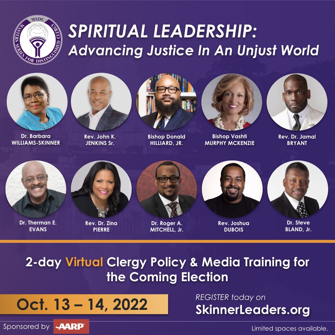 williamsskinner's tweet photo. Register@ https://t.co/8PvSUhNCpo for Master Series for Distinguished Clergy 2022 - Spiritual Leadership: Advancing Justice In An Unjust World! 2-Day Clergy Policy &amp; Media Training for the Coming Election. @johnkjenkins @Bishop_Hilliard @vashtimckenzie @jamalhbryant @ZinaCPierre https://t.co/V4ertbKsTT