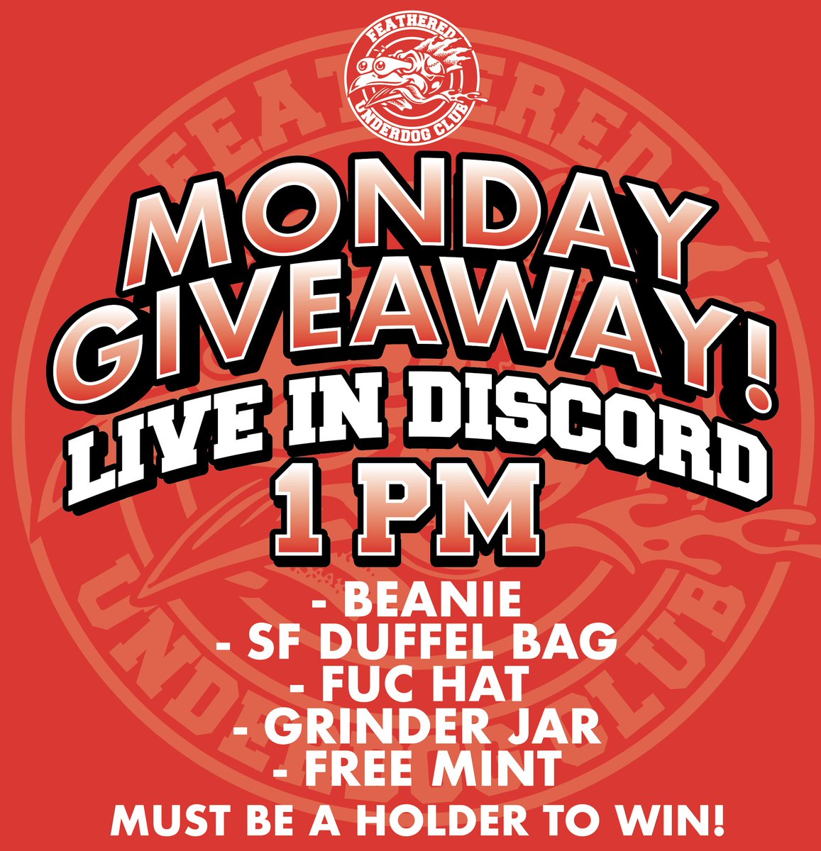 FUC_nft's tweet photo. Please hop in the Discord voice chat at 1PM PST for today's giveaways! *must be a holder to win* https://t.co/aDmt3FxJq3 #FUC #FEATHEREDUNDERDOGCLUB #NFT #GIVEAWAY #FUCNFT https://t.co/EJTkU6WZLA