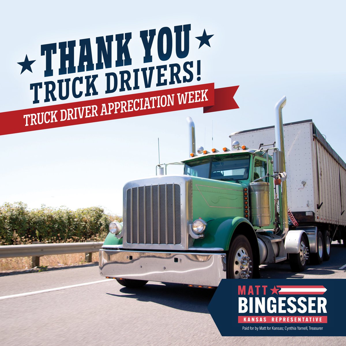 MattBingesser's tweet photo. This week we recognize Truck Driver Appreciation Week. Our nation's 3.6 million truck drivers keep our economy moving each and every day by transporting the goods we eat, wear, and use from places all around our country. #ksleg https://t.co/hGkQs2xyA0