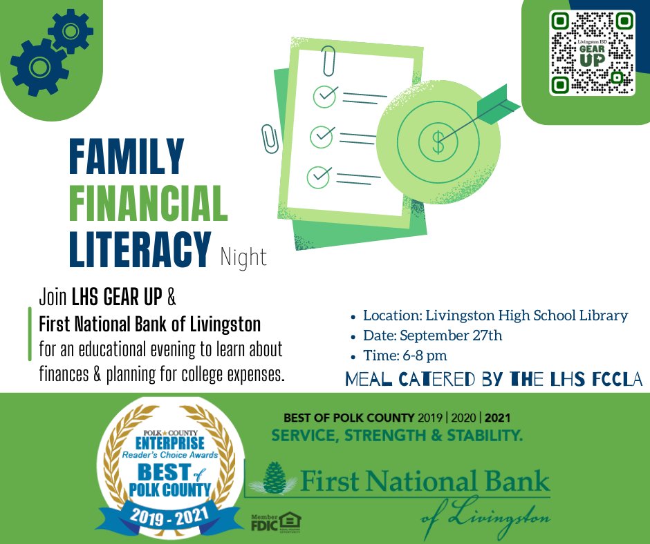 GEARUPLISD's tweet photo. GEAR UP Families! Are you ready to have your college financing questions answered? 
Join First National Bank of Livingston &amp; GEAR UP for food &amp; financial planning advice. 
Sept. 27th from 6-8 at the LHS Library. 
Please use the Memorial Walkway entrance. https://t.co/yosqvvAPmv