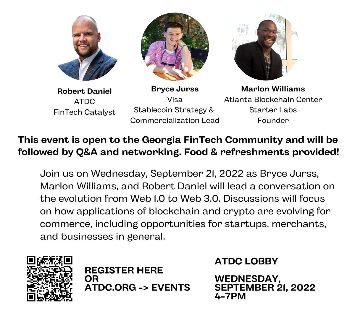 Wednesday, Sept 21 from 4 - 5pm, we will host a fintech and #crypto event in partnership with <a href="/Visa/">Visa</a>.  The panel discussion will be lead by ATDC Catalyst, Red Daniel followed by networking for founders, and #fintech industry experts. Register here: bit.ly/3RGUeSo