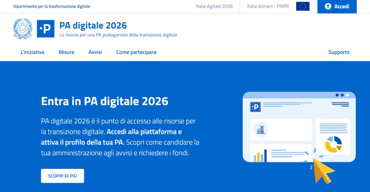 📢#PAdigitale2026 è la piattaforma che consente alle amministrazioni di richiedere i fondi del #PNRR dedicati alla transizione digitale. 
📨Iscriviti subito alla newsletter per rimanere aggiornato sull’apertura degli avvisi 👇padigitale2026.gov.it