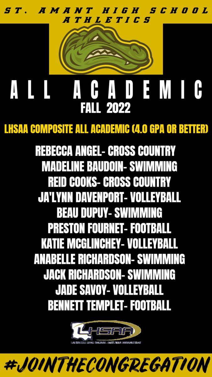 CONGRATULATIONS TO THE FOLLOWING GATORS FOR BEING NAMED TO THE COMPOSITE LHSAA ALL-ACADEMIC TEAM IN THEIR RESPECTIVE SPORTS.   GATORS BEING LEADERS IN THE CLASSROOM AND ON THE FIELD #GATORSCHOLARS
