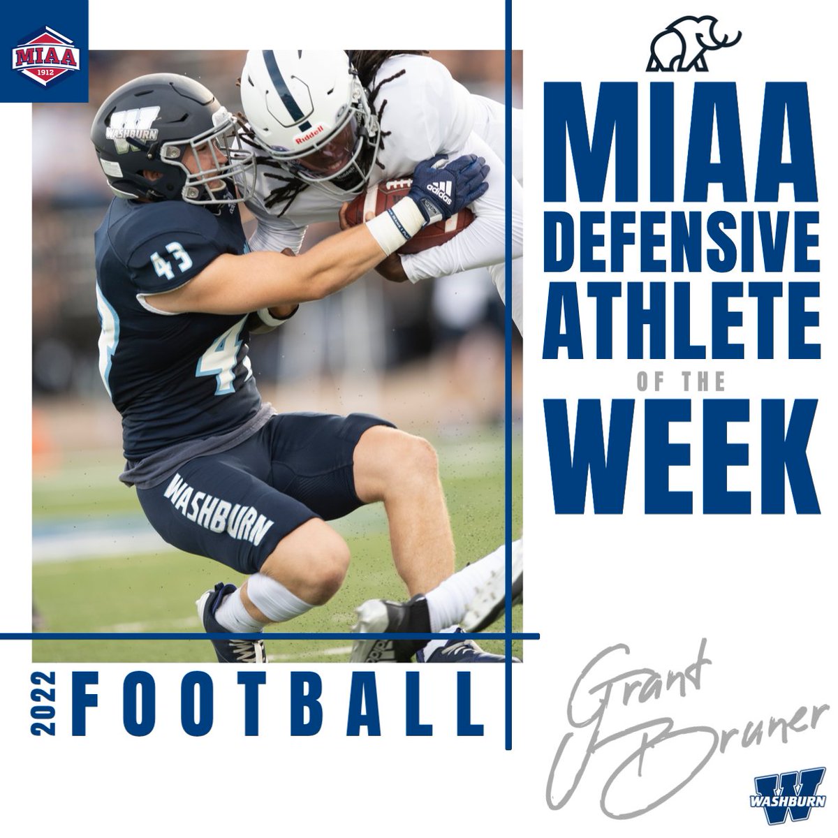 MIAA Football Athletes of the Week, presented by @MammothBuilt🏈⤵️

With a career-high 23 tackles in week two, <a href="/IchabodFTBL/">Washburn Football</a>'s Grant Bruner is this week's MIAA Defensive Athlete of the Week👏

🔗| bit.ly/3Bzpi13
#BringYourAGame
