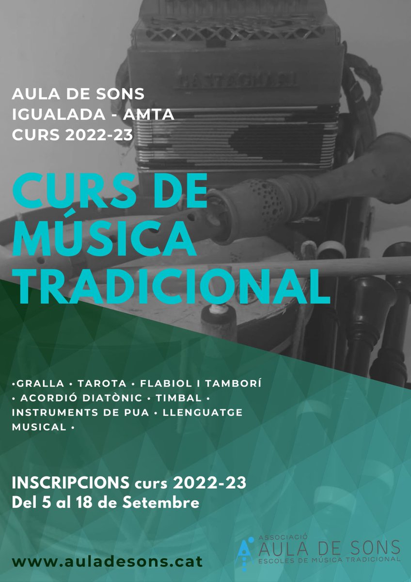 Vols aprendre a tocar un instrument tradicional? O ja en saps i vols millorar la teva tècnica?

A l’<a href="/AuladeSons/">Aula de Sons</a> d’Igualada oferim classes de gralla, tarota, timbal, acordió diatònic i instruments de púa.

Inscripcions obertes fins al 18 de setembre.

Places limitades!