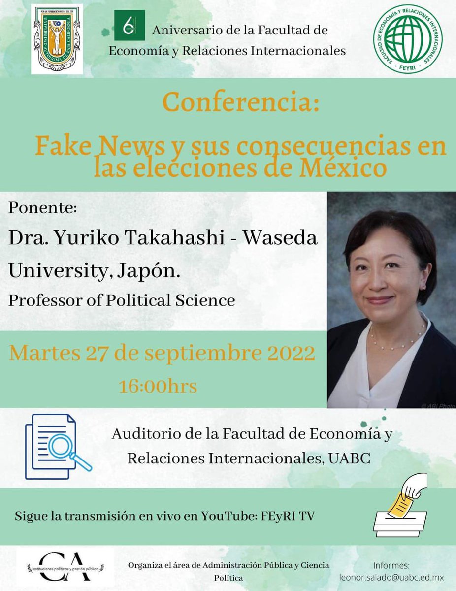 AleSalado's tweet photo. 📌Cordial invitación para seguir la transmisión de la Conferencia “Fake News y sus consecuencias en las elecciones de México 2018” con la Dra. Yuriko Takahashi como ponente.

¡Será un gusto escucharte y aprender de ti!
 @YurikoTakahash4 

@feyriuabc @UABC_oficial 

Info 👇 https://t.co/eaY29m841j