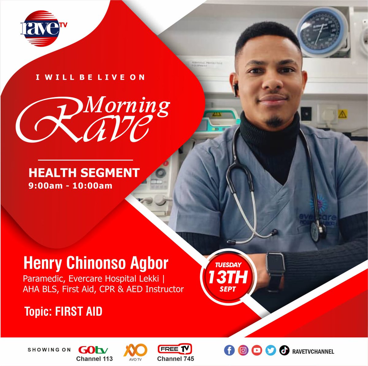 Henry_C_Agbor's tweet photo. Hi there! 
Henry will be live on Rave TV tomorrow to talk about First Aid Care. Kindly help retweet and do well to join in 😊

Many thanks for the opportunity @TheTalkDoctor_ @ravetvchannel 

#FirstAidForAll #CPR #AED #firstaidskills #KnowledgeToSaveAlife #LetsSaveLivesTogether https://t.co/6yzxdxuih9