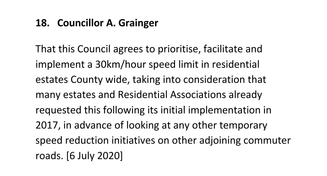 GraingerAnna's tweet photo. Delighted my motion (on the agenda since July 2020) to introduce 30km/h speed limit in residential estates county-wide received unanimous support at tonight's @dlrcc meeting, ensuring safer #roads for all users especially children. #JakesLaw #RoadSafety https://t.co/YN3gfdIkwf