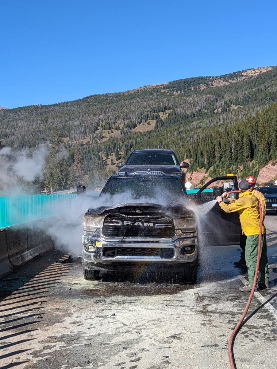 BlackForestFD's tweet photo. While on their way home from a 14 day deployment in California, the crew from Black Forest Wildland 7 came upon and extinguished a car fire on I-70. Our crews are always ready for anything. https://t.co/aBeFneRkPa