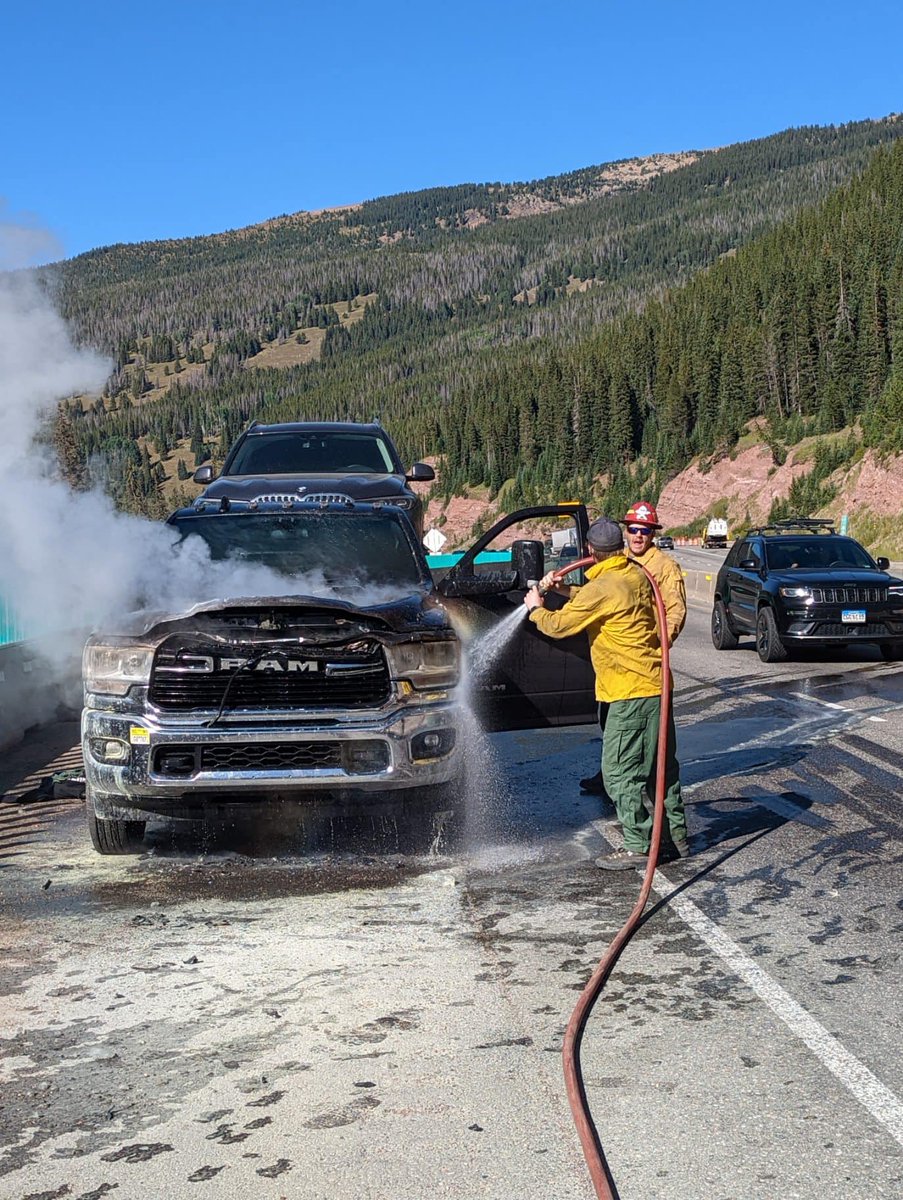 BlackForestFD's tweet photo. While on their way home from a 14 day deployment in California, the crew from Black Forest Wildland 7 came upon and extinguished a car fire on I-70. Our crews are always ready for anything. https://t.co/aBeFneRkPa