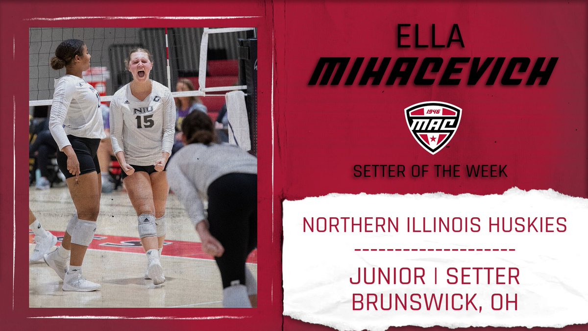 NIU's <a href="/ellamihacevich/">ella</a> is your West Division Setter of the Week!🏐

Mihacevich landed a spot on the KC Roos Classic All-Tournament Team after posting 72 set assists (12/set) over the weekend's two wins.

#GoHuskies | #MACtion