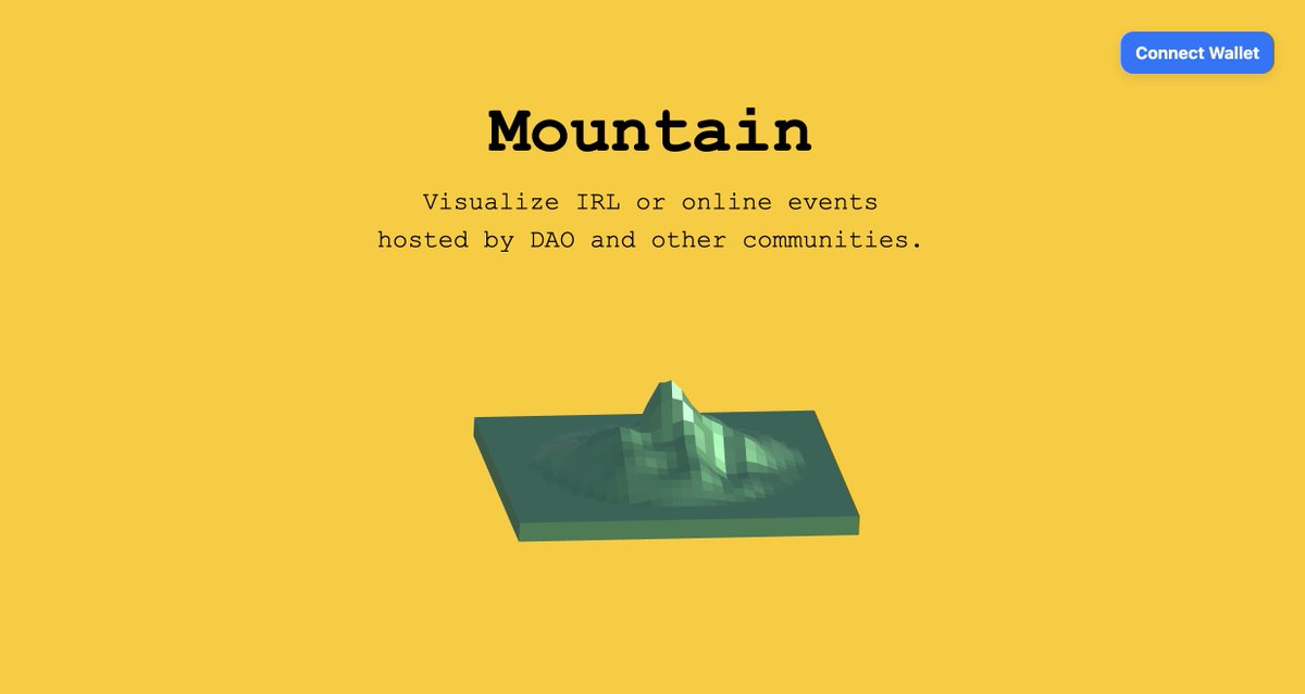 DAOCrossing's tweet photo. Started building DAOCrossing's side quest - the Mountain app. https://t.co/59JAZPl8yR - intended to be an NFT ticketing tool on Polygon for DAO and other communities to issue IRL or online events to their members and visualize the events by growing trees on a virtual mountain. https://t.co/JP79pdwZEZ