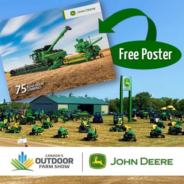 We look forward to seeing everyone at the <a href="/outdoorfarmshow/">Canada's Outdoor Farm Show</a> this week! Be sure to visit our <a href="/JDDealersONT/">John Deere Dealers</a> booth to check out the equipment and get your FREE 75 YEARS OF JOHN DEERE COMBINES Poster. (Limited quantities.) #johndeere #farmshow #X9combine #COFS22 #farmshow #cndag