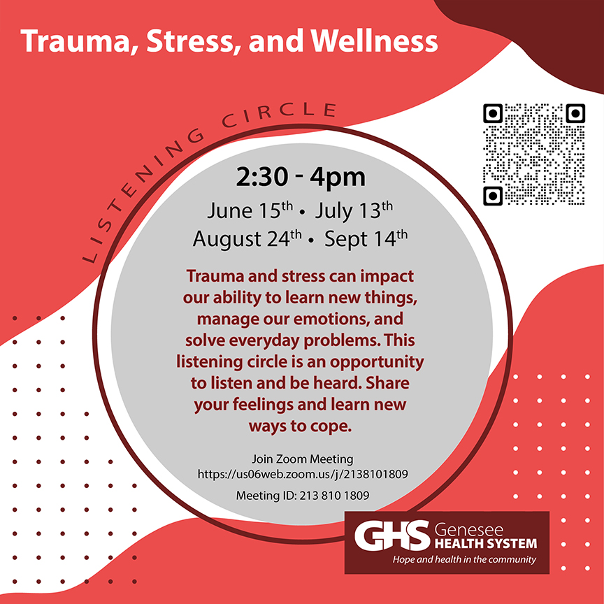 GenHealthSystem's tweet image. WEDNESDAY: Trauma, Stress, and Wellness at 2:30pm

Use this link to join Zoom at any of the specified dates and times us06web.zoom.us/j/2138101809, or scan the QR code with your cell phone camera.

#listeningcircle #virtualgroup #Flint #Michigan #GHS #mentalhealth