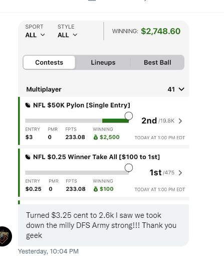 ffootballgeek's tweet photo. This is one of my favorite screenshots from the Sunday slate. Turned $3.25 into $2,748 https://t.co/4Ma0mu6m4b