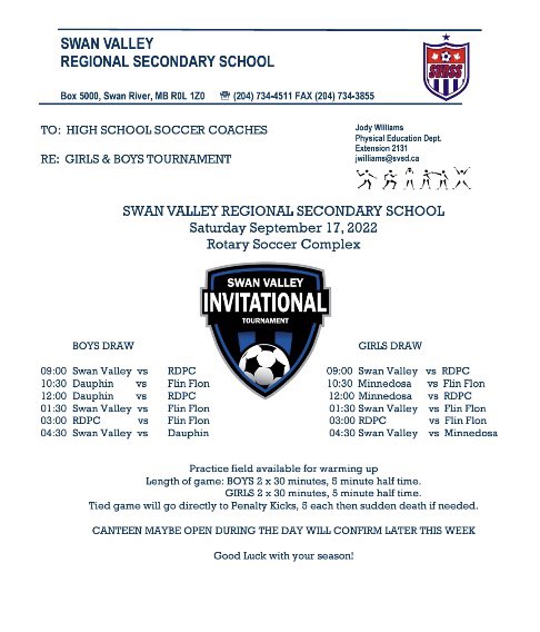 SVRSSSPORTS's tweet photo. Here is Saturday’s soccer schedule for the Tigers home ⚽️ tournament. Both SVRSS teams will play Thompson (RD Parker) at 9AM &amp; Flin Flon (Hapnot) at 1:30PM. At 4:30PM the boys play Dauphin and girls face Minnedosa. Come out and support high school athletics! https://t.co/lqM0OTtBlo