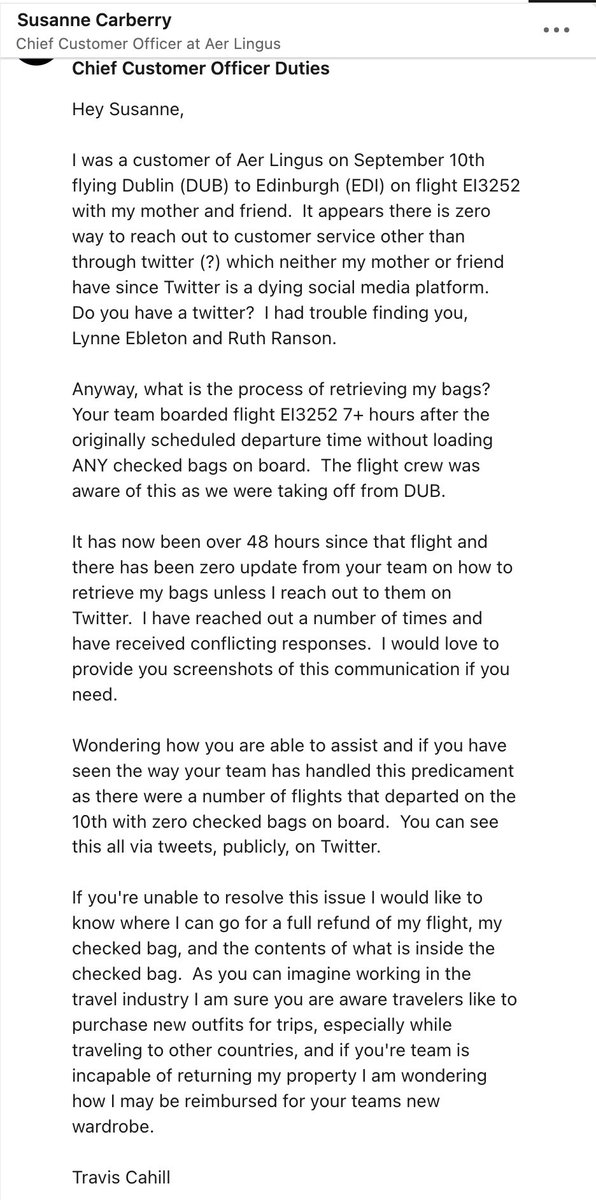 Interesting how you must reach out to customer service via Twitter but can’t find any of your C-Levels on Twitter.  What’s up with that <a href="/AerLingus/">Aer Lingus</a>? Do they also think having a Twitter is dated?