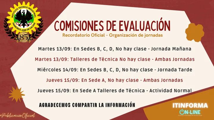 itifjdecaldas's tweet photo. Recuerde aquí la organización de jornadas para las comisiones de evaluación: https://t.co/DS5k1qNTdL