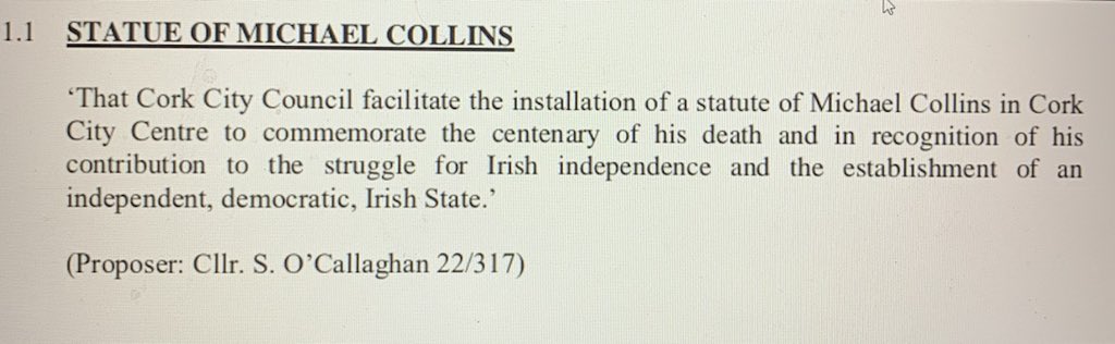 CllrShaneOC's tweet photo. I am delighted that my motion calling on @corkcitycouncil  to facilitate the erection of a statue of Michael Collins in Cork City Centre was passed by 22 votes to 1. The motion received cross party support and is for a statue of Collins with his bicycle based on the iconic photo https://t.co/qGq6l8yWQZ