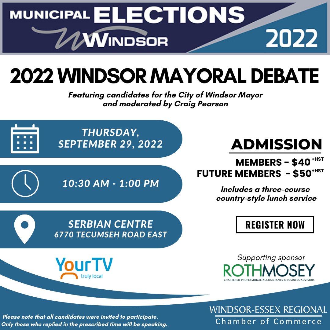 WERCofC's tweet photo. Come join the @WERCofC for the 2022 Windsor Mayoral Debates at the @Serbian_Centre. In addition to the debates, look forward to a wonderful three-course country-style meal right after. Don't miss out and register now!

https://t.co/jkZ0NDTiqx

#WEChamber #Debates #Mayor https://t.co/zkbPTiDz4c