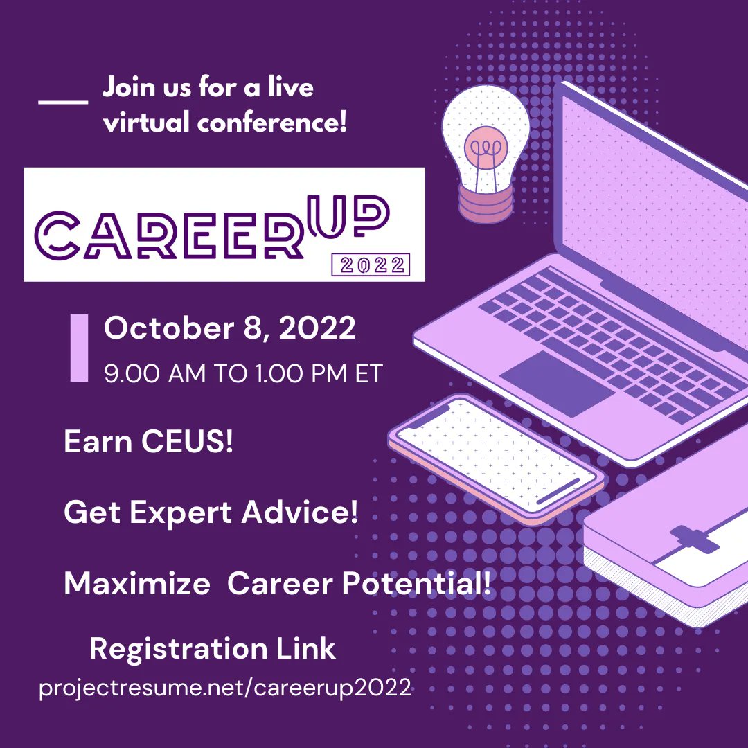 ProjectResume's tweet image. Career Up is a live, virtual conference, created to help you reach your career potential! Earn 3.0 CEUS and join interactive sessions with industry experts! Learn more and register at projectresume.net/careerup2022  

#projectresume #careerup #codingconference #medicalcoding