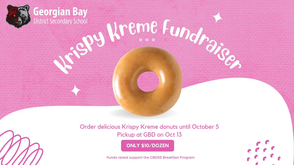 Here's a delicious way to support the GBDSS Breakfast Program! Order a dozen Krispy Kreme donuts for only $10. Place orders through SchoolCash Online until October 5. Pickup your donuts from GBDSS on October 13th. 🐻❤️🍩 simcoecountydsb.ca.schoolcash.net