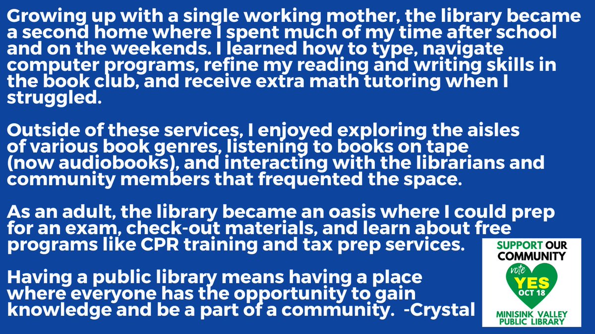 MinValPublicLib's tweet photo. What an incredible story about a library making an impact on a person's life. Take a read! #MVPL #Oct18
#voteyes #supportmv #library #loveminisink
Share your library story, experience, or positive remark.
Email us: minisinkpubliclibrary@gmail.com https://t.co/0RoC4jEH0s