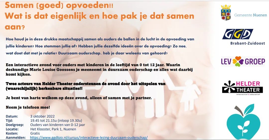 Samen (goed) opvoeden. Interactieve lezing op 3 oktober in het Klooster @Nuenen #Duurzaamouderschap. #ggdbzo #levgroep #gemeentenuenen  Toegang gratis. Aanmelden via: ggdbzo.nl/cursus/interac…