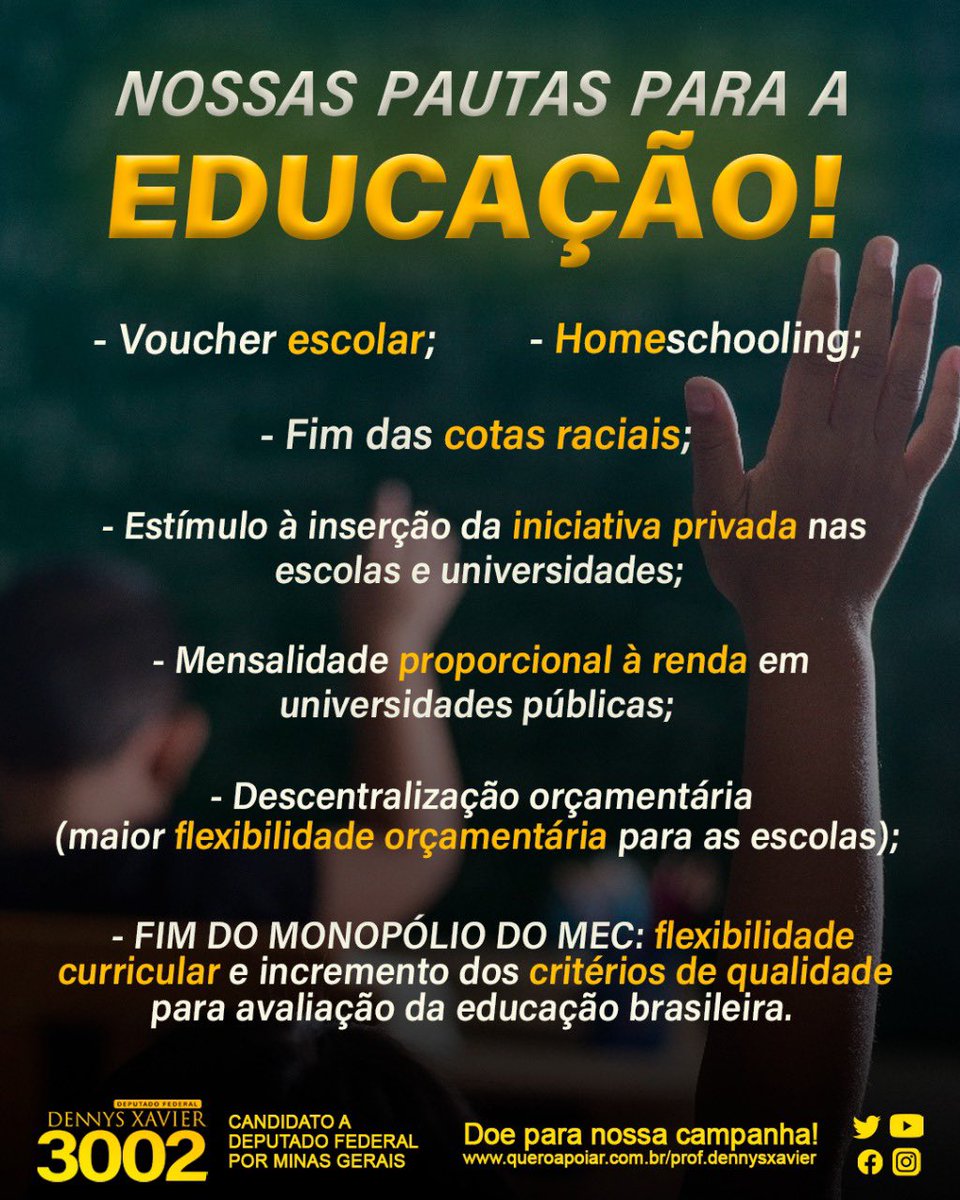 Na Câmara Federal certamente trabalharei muito defendendo a nação dos males perpetrados por outros deputados. Mais do que fazer o bem, será fundamental combater o mal.
Sou o Prof. Dennys Xavier, candidato a deputado federal por MG, 3002.

#educação #mg #minasgerais #dennysxavier
