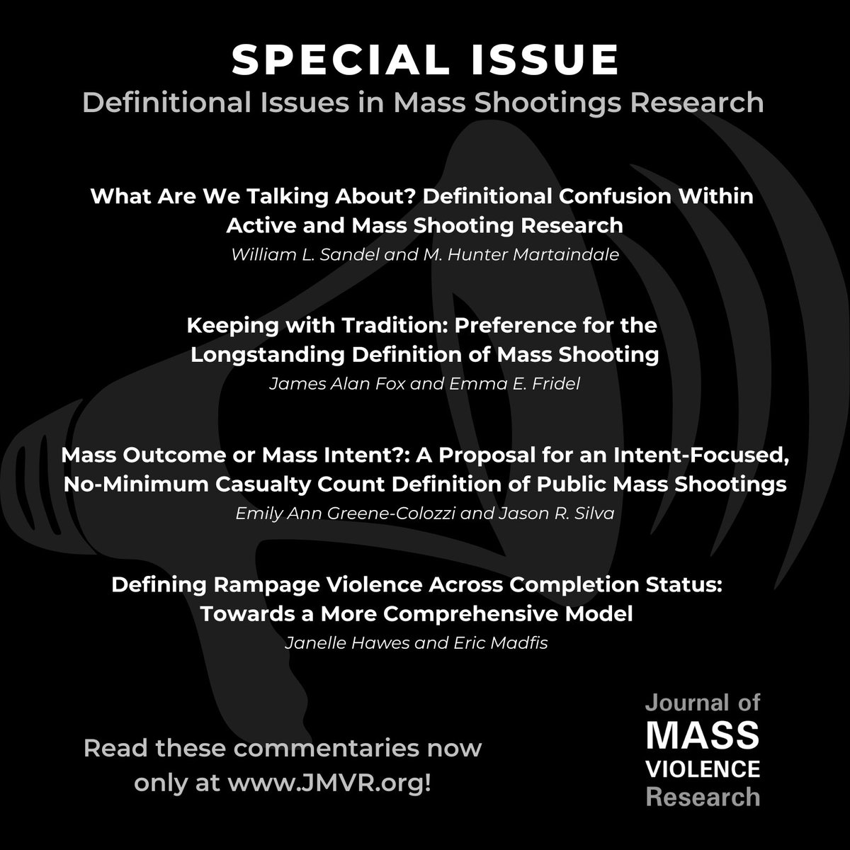 JMssVlncRsrch's tweet photo. What better way to start the week than with a new issue of #JMVR! This special issue on definitional issues in mass shootings research features invited commentaries from leading experts in the field. The best part? You can read them 🆓 on our website (https://t.co/SjIqvUFtaY)! https://t.co/7pXGnw1dZe