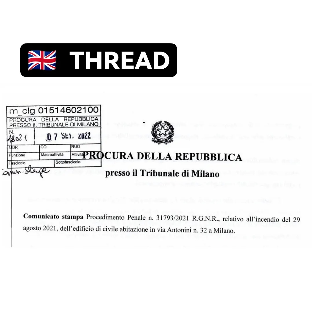 END OF #MILANFIRE INVESTIGATIONS 🚨

THREAD: extracts from the PRESS RELEASE of the Public Prosecutor's Office at the Court of #Milano #Italy, relating to #TorreDeiMoro’s fire & #claddingscandal. (1/9)

Full press release on: facebook.com/aiutosubitoant….

( 🇮🇹  : thread precedente )